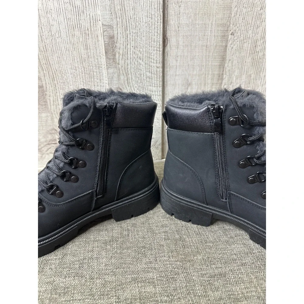 Womens Sz 7 Black Faux Fur-Lined Boots Side Zipper & Lace-Up Emo Goth Grunge - Picture 5 of 9